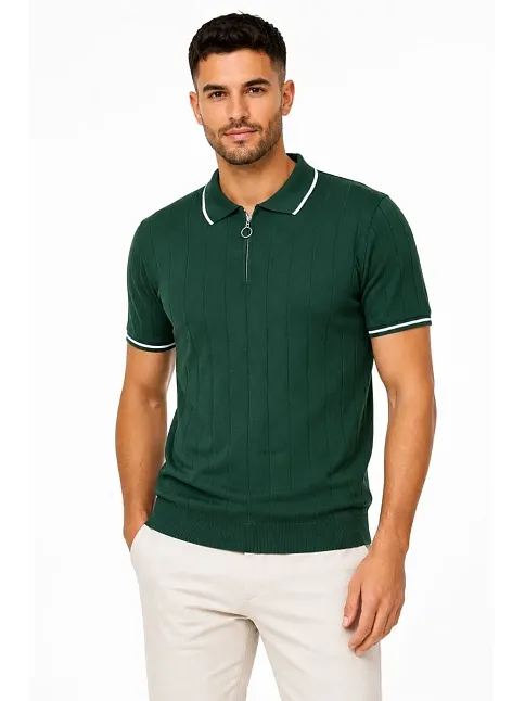 Erkek Fitilli Triko T-shirt Polo Yaka Yarım Fermuarlı Kısa Kollu Tişört - Yeşil