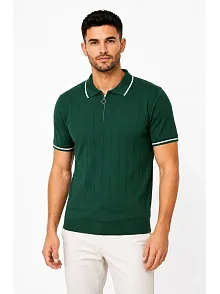 Erkek Fitilli Triko T-shirt Polo Yaka Yarım Fermuarlı Kısa Kollu Tişört - Yeşil