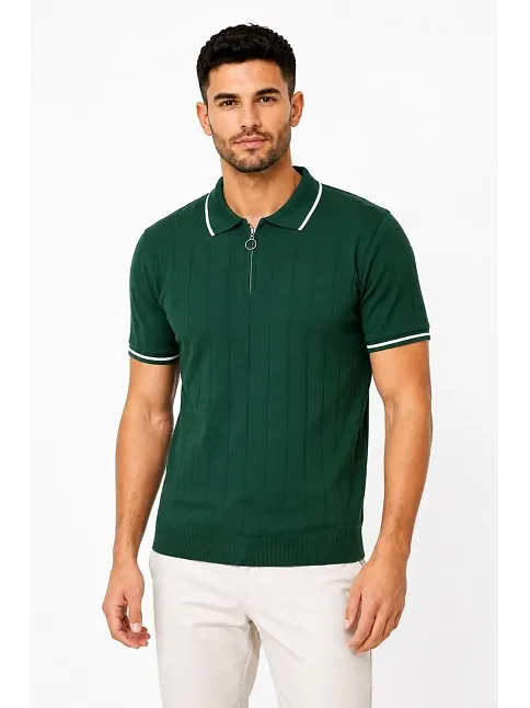 Erkek Fitilli Triko T-shirt Polo Yaka Yarım Fermuarlı Kısa Kollu Tişört - Yeşil