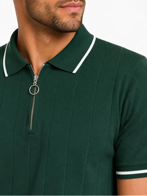 Erkek Fitilli Triko T-shirt Polo Yaka Yarım Fermuarlı Kısa Kollu Tişört - Yeşil