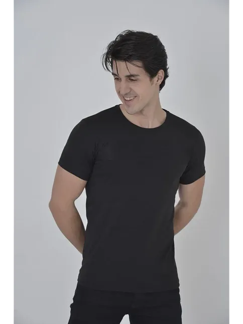 Erkek Gögüs Fileli T-shirt Kısa Kol Bisiklet Yaka Slimfit Tişört  - Siyah