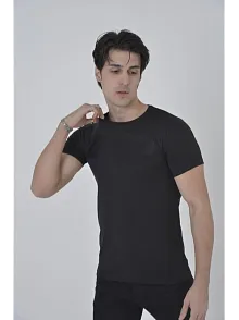 Erkek Gögüs Fileli T-shirt Kısa Kol Bisiklet Yaka Slimfit Tişört  - Siyah