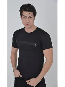Erkek Gögüs Fermuarlı T-shirt Kısa Kol Bisiklet Yaka Slimfit Tişört - Siyah