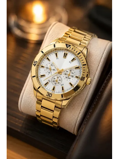 Erkek Gold Renk Metal Kordon Analog Kol Saati Beyaz Kadran Takvim Göstergeli