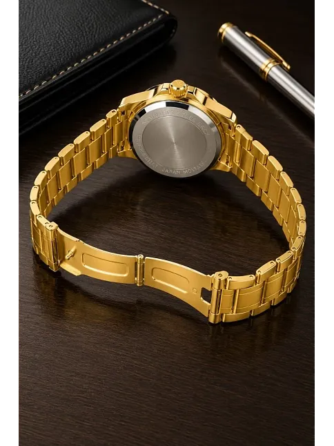 Erkek Gold Renk Metal Kordon Analog Kol Saati Beyaz Kadran Takvim Göstergeli