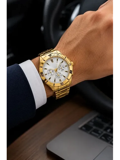 Erkek Gold Renk Metal Kordon Analog Kol Saati Beyaz Kadran Takvim Göstergeli