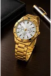 Erkek Gold Renk Metal Kordon Analog Kol Saati Beyaz Kadran Takvim Göstergeli