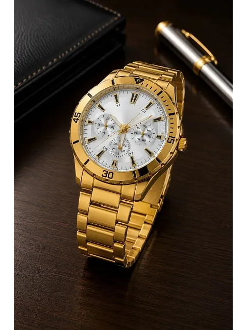 Erkek Gold Renk Metal Kordon Analog Kol Saati Beyaz Kadran Takvim Göstergeli