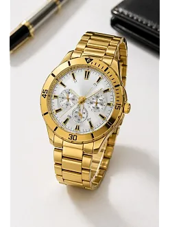 Erkek Gold Renk Metal Kordon Analog Kol Saati Beyaz Kadran Takvim Göstergeli