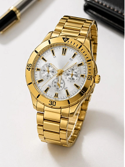 Erkek Gold Renk Metal Kordon Analog Kol Saati Beyaz Kadran Takvim Göstergeli