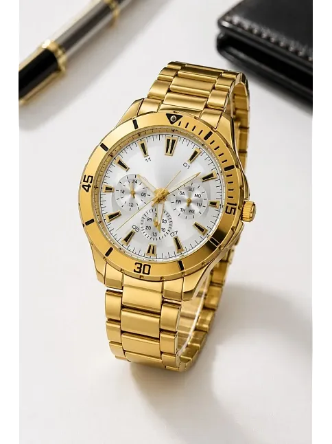 Erkek Gold Renk Metal Kordon Analog Kol Saati Beyaz Kadran Takvim Göstergeli