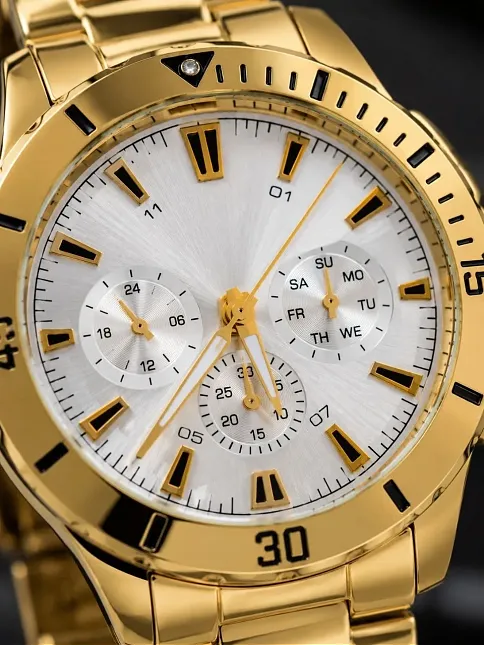 Erkek Gold Renk Metal Kordon Analog Kol Saati Beyaz Kadran Takvim Göstergeli