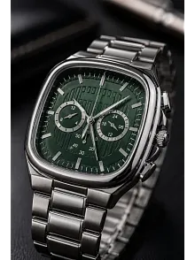 Erkek Gümüş Metal Kordon Analog Kol Saati Yeşil Kadran Takvim Göstergeli - Gümüş