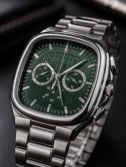 Erkek Gümüş Metal Kordon Analog Kol Saati Yeşil Kadran Takvim Göstergeli - Gümüş