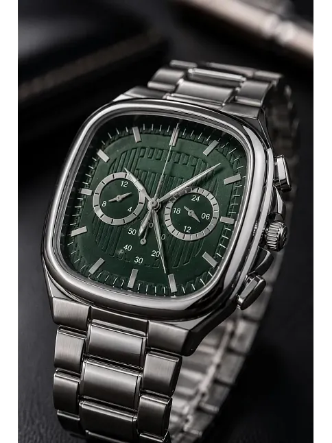 Erkek Gümüş Metal Kordon Analog Kol Saati Yeşil Kadran Takvim Göstergeli - Gümüş