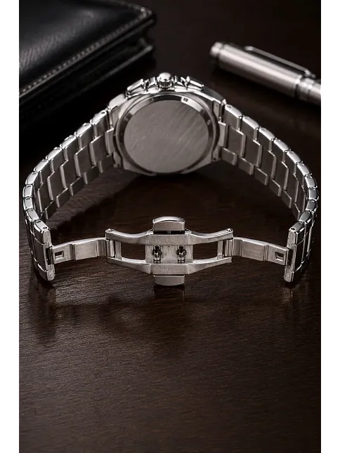 Erkek Gümüş Metal Kordon Analog Kol Saati Yeşil Kadran Takvim Göstergeli - Gümüş