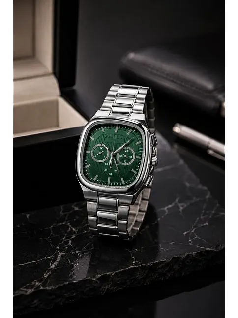 Erkek Gümüş Metal Kordon Analog Kol Saati Yeşil Kadran Takvim Göstergeli - Gümüş