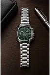 Erkek Gümüş Metal Kordon Analog Kol Saati Yeşil Kadran Takvim Göstergeli - Gümüş