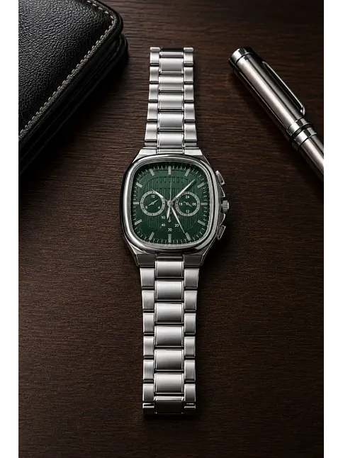 Erkek Gümüş Metal Kordon Analog Kol Saati Yeşil Kadran Takvim Göstergeli - Gümüş