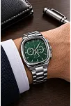 Erkek Gümüş Metal Kordon Analog Kol Saati Yeşil Kadran Takvim Göstergeli - Gümüş