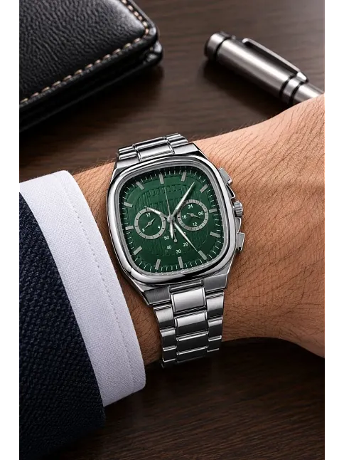 Erkek Gümüş Metal Kordon Analog Kol Saati Yeşil Kadran Takvim Göstergeli - Gümüş