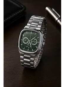 Erkek Gümüş Metal Kordon Analog Kol Saati Yeşil Kadran Takvim Göstergeli - Gümüş