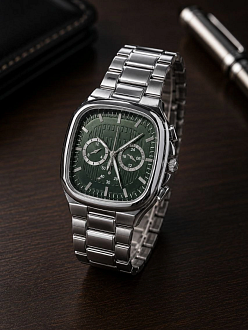 Erkek Gümüş Metal Kordon Analog Kol Saati Yeşil Kadran Takvim Göstergeli - Gümüş