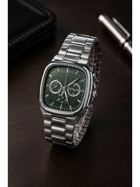 Erkek Gümüş Metal Kordon Analog Kol Saati Yeşil Kadran Takvim Göstergeli - Gümüş