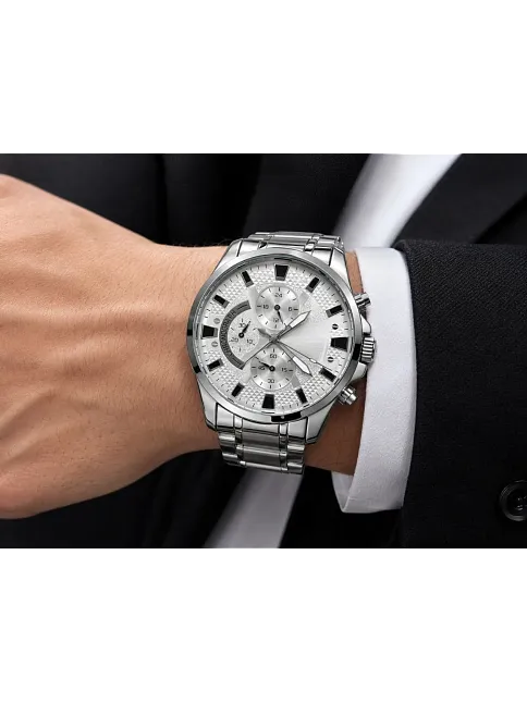 Erkek Gümüş Renk Metal Kordon Analog Kol Saati 24 Saat Takvim Göstergeli Gri Kadran - Gümüş
