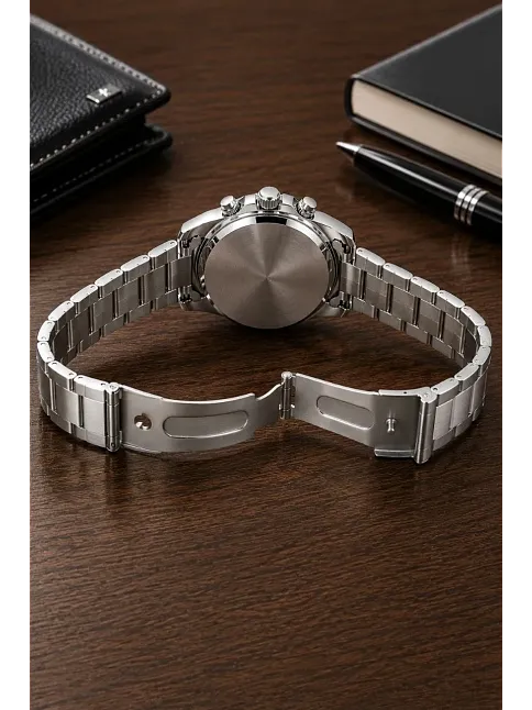Erkek Gümüş Renk Metal Kordon Analog Kol Saati 24 Saat Takvim Göstergeli Gri Kadran - Gümüş