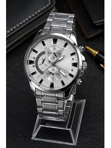 Erkek Gümüş Renk Metal Kordon Analog Kol Saati 24 Saat Takvim Göstergeli Gri Kadran - Gümüş