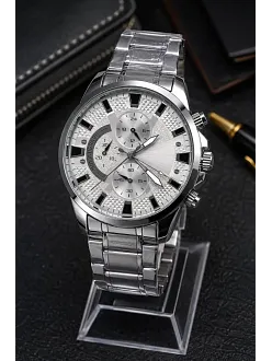 Erkek Gümüş Renk Metal Kordon Analog Kol Saati 24 Saat Takvim Göstergeli Gri Kadran - Gümüş