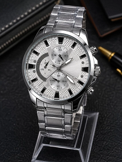 Erkek Gümüş Renk Metal Kordon Analog Kol Saati 24 Saat Takvim Göstergeli Gri Kadran - Gümüş