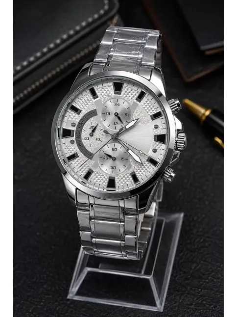 Erkek Gümüş Renk Metal Kordon Analog Kol Saati 24 Saat Takvim Göstergeli Gri Kadran - Gümüş