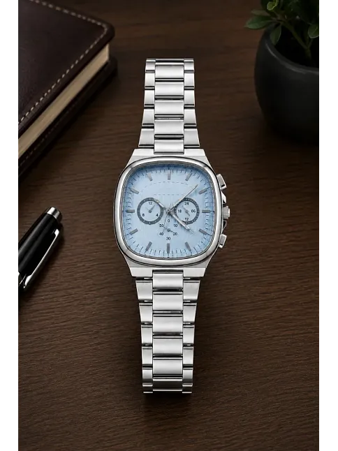 Erkek Gümüş Renk Metal Kordon Analog Kol Saati Çok Fonksiyonlu Beyaz Kadran - Gümüş