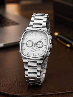 Erkek Gümüş Renk Metal Kordon Analog Kol Saati Çok Fonksiyonlu Beyaz Kadran - Gümüş