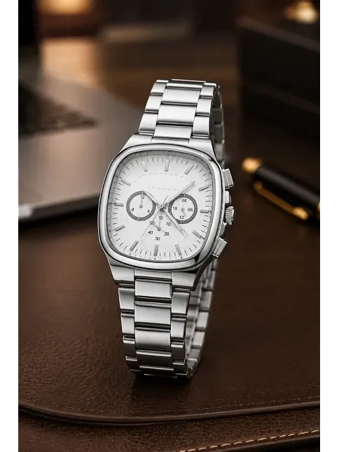 Erkek Gümüş Renk Metal Kordon Analog Kol Saati Çok Fonksiyonlu Beyaz Kadran - Gümüş
