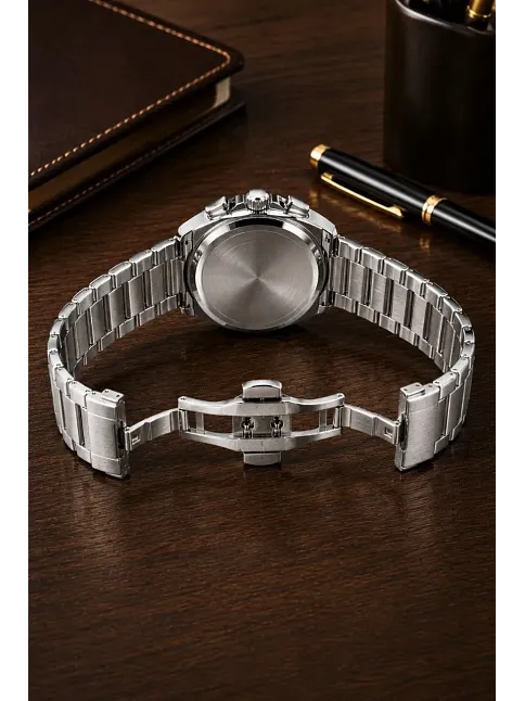 Erkek Gümüş Renk Metal Kordon Analog Kol Saati Çok Fonksiyonlu Beyaz Kadran - Gümüş