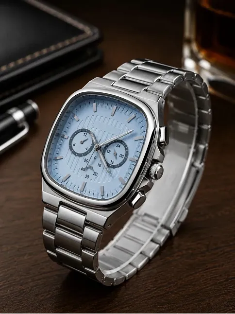 Erkek Gümüş Renk Metal Kordon Analog Kol Saati Çok Fonksiyonlu Beyaz Kadran - Gümüş