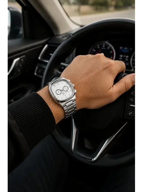Erkek Gümüş Renk Metal Kordon Analog Kol Saati Çok Fonksiyonlu Beyaz Kadran - Gümüş
