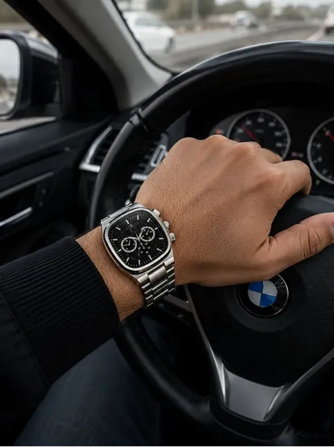 Erkek Gümüş Renk Metal Kordon Analog Kol Saati Siyah Kadran Takvim Göstergeli - Gümüş