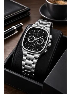 Erkek Gümüş Renk Metal Kordon Analog Kol Saati Siyah Kadran Takvim Göstergeli - Gümüş