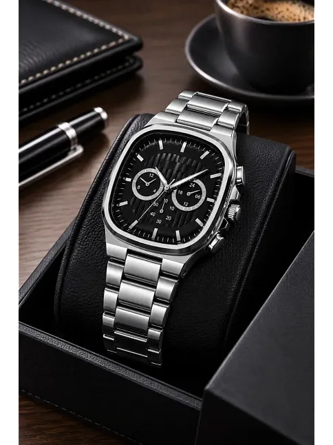 Erkek Gümüş Renk Metal Kordon Analog Kol Saati Siyah Kadran Takvim Göstergeli - Gümüş