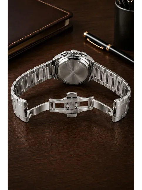 Erkek Gümüş Renk Metal Kordon Analog Kol Saati Siyah Kadran Takvim Göstergeli - Gümüş