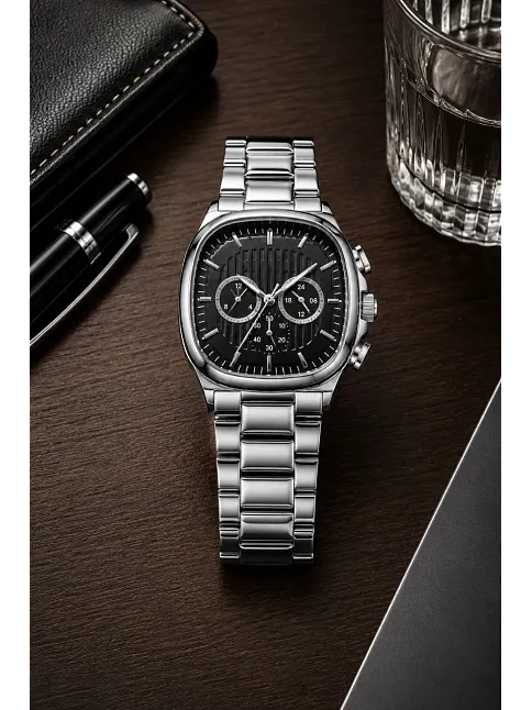 Erkek Gümüş Renk Metal Kordon Analog Kol Saati Siyah Kadran Takvim Göstergeli - Gümüş