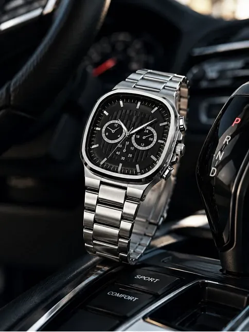 Erkek Gümüş Renk Metal Kordon Analog Kol Saati Siyah Kadran Takvim Göstergeli - Gümüş