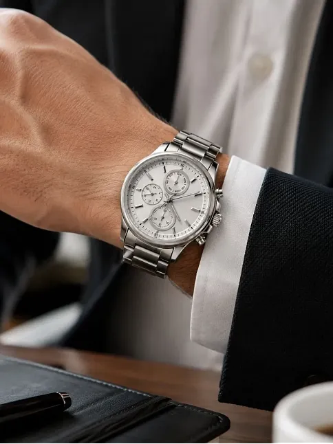Erkek Gümüş Renk Metal Kordon Analog Kol Saati Takvim Göstergeli Beyaz Kadran - Gümüş