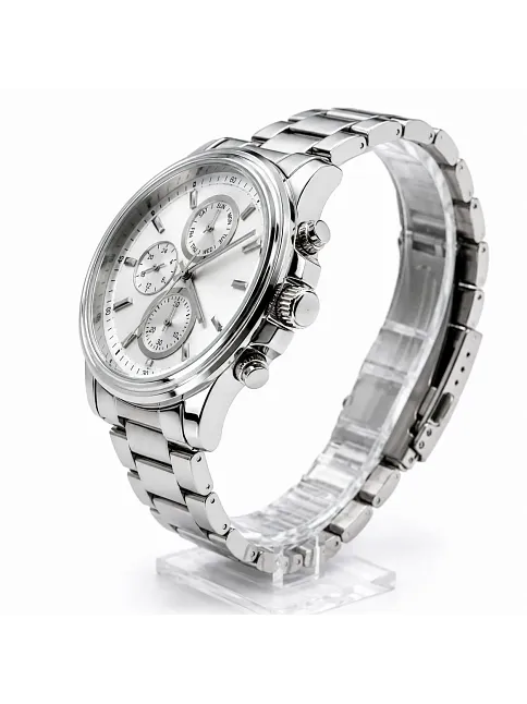 Erkek Gümüş Renk Metal Kordon Analog Kol Saati Takvim Göstergeli Beyaz Kadran - Gümüş