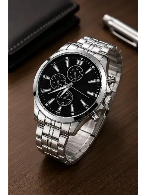 Erkek Gümüş Renk Metal Kordon Analog Kol Saati Takvim Göstergeli Siyah Kadran - Gümüş