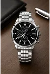 Erkek Gümüş Renk Metal Kordon Analog Kol Saati Takvim Göstergeli Siyah Kadran - Gümüş